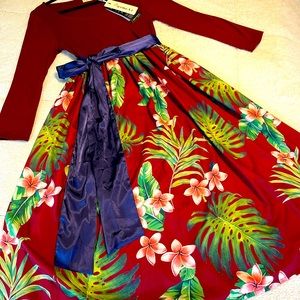 🆕 Women’s Wine Crewneck Evening Floral Print Party A-Line Swing Dress with Belt